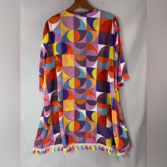 Emery Rose 1X Swim Coverup Colorful Geometric Kimono with Tassels - Picture 3 of 9